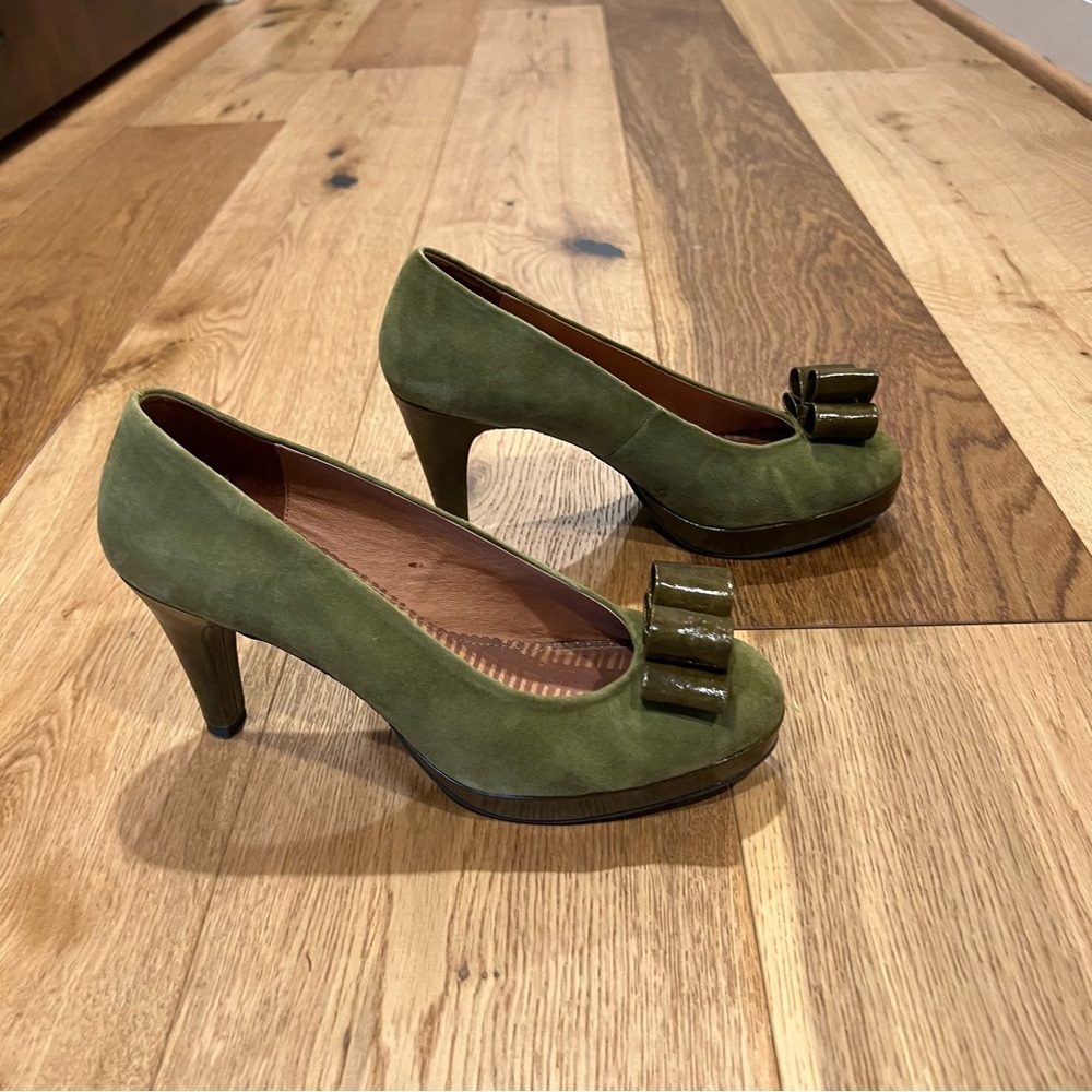 Anthropologie Miss Albright Nature Double Bow Green Heels - Picture 3 of 8